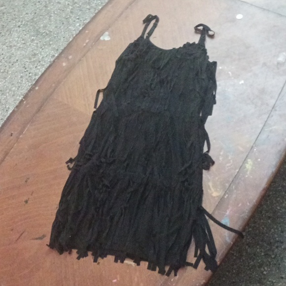 Peep Pt Toe Black Fringe Mini Dress - Picture 2 of 4